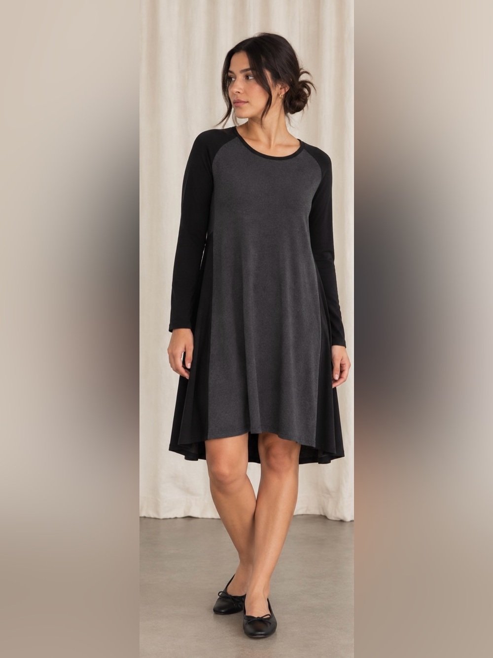 Eileen Fisher charcoal black long sleeve jersey dress- comfy color block